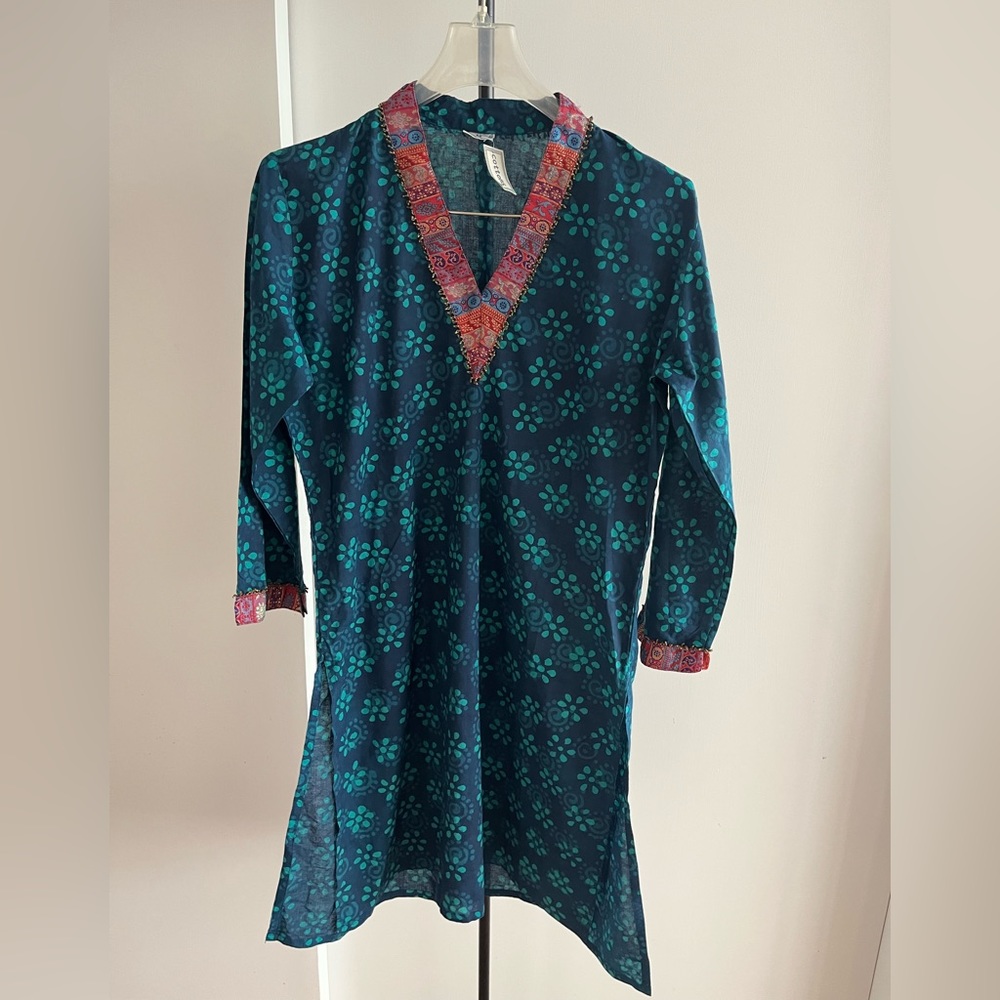 Cottons FabIndia styled turquoise teal blue  cotton brocade Kurta tunic V neck M